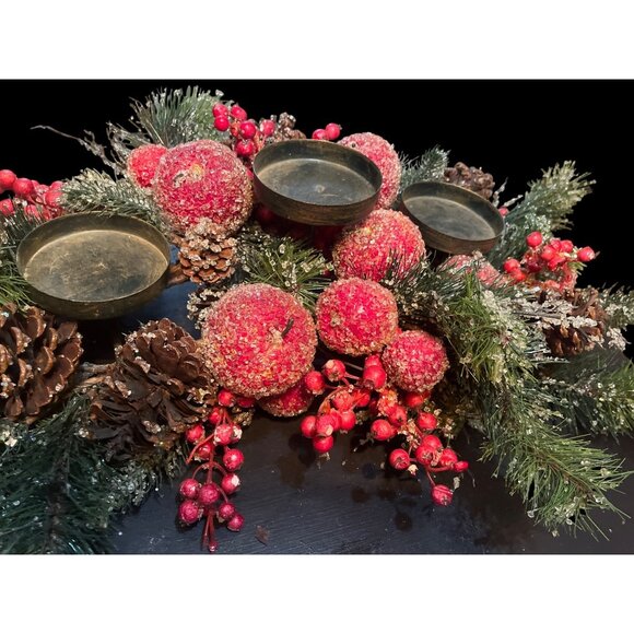 Vtg MCM Sugared Fruit Pinecone & Pine Needle Centerpiece Pillar Candle Holders - Picture 8 of 11